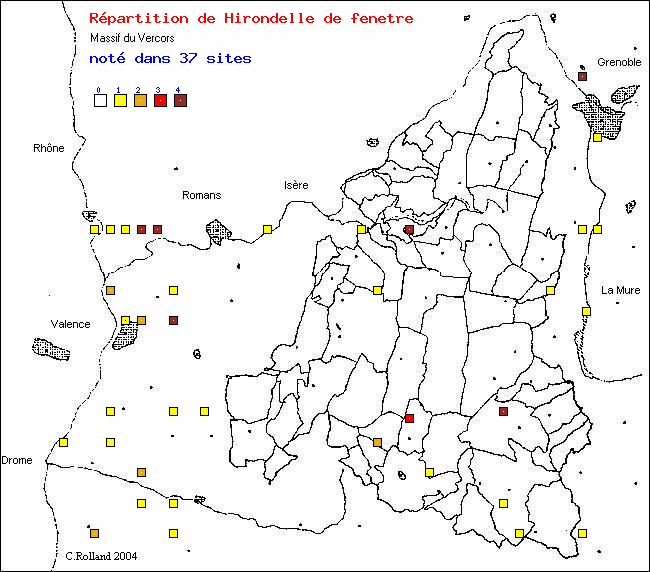 Hirondelle de fentre - Delichon urbica (L.). Carte de rpartition des oiseaux dans le Vercors