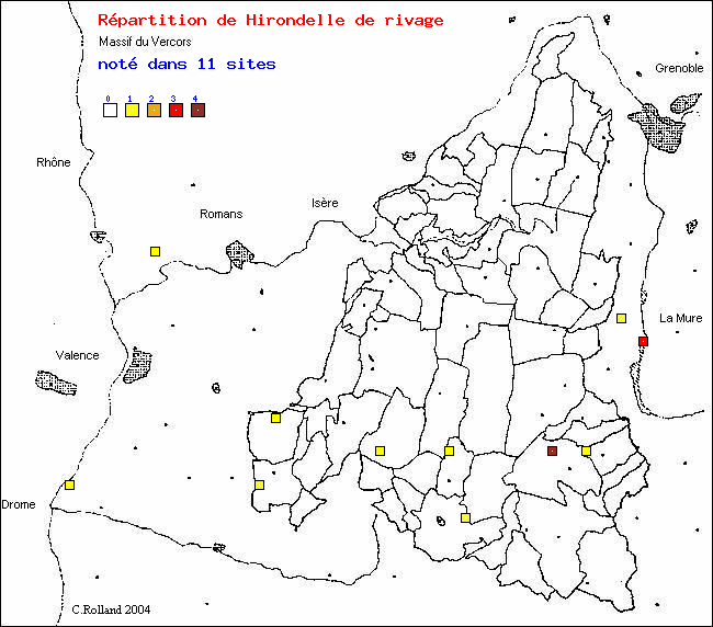 Hirondelle de rivage - Riparia riparia (L.). Carte de rpartition des oiseaux dans le Vercors