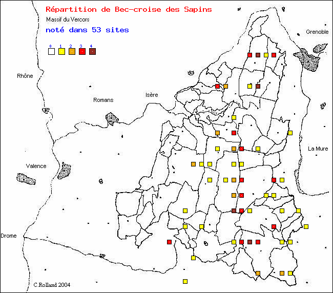 Bec-crois des Sapins - Loxia curvirostra L.. Carte de rpartition des oiseaux dans le Vercors
