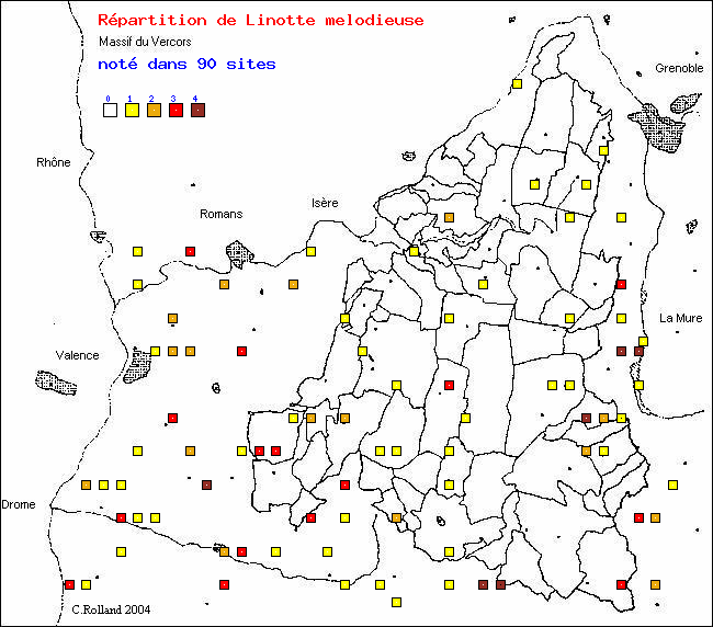 Carte de rpartition dans le Vercors (Isre et Drme) d'une espce d'oiseau: Linotte mlodieuse (Carduelis cannabina (L.))