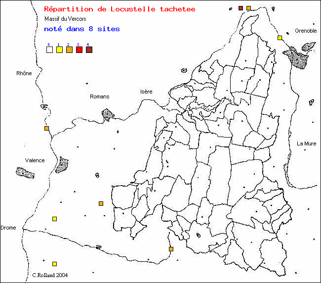 Carte de rpartition dans le Vercors (Isre et Drme) d'une espce d'oiseau: Locustelle tachete (Locustella naevia (Bodd.))