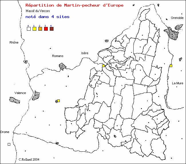 Carte de rpartition dans le Vercors (Isre et Drme) d'une espce d'oiseau: Martin-pcheur d