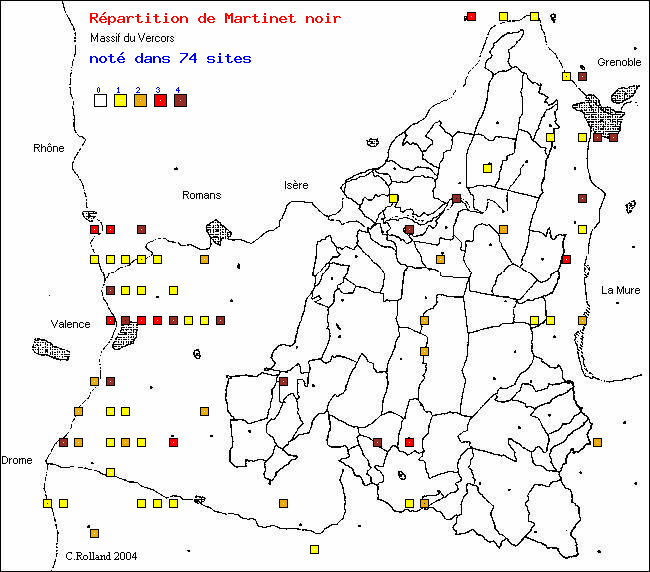 Martinet noir - Apus apus (L.). Carte de rpartition des oiseaux dans le Vercors
