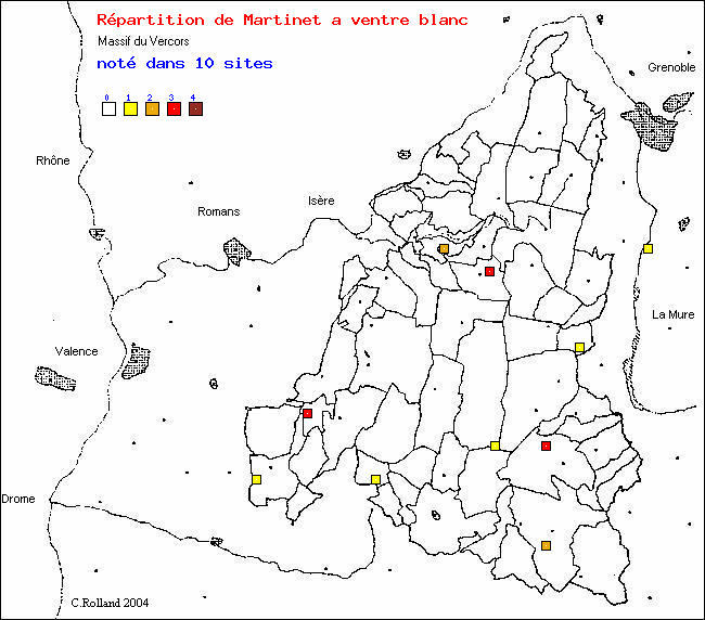 Carte de rpartition dans le Vercors (Isre et Drme) d'une espce d'oiseau: Martinet  ventre blanc (Apus melba (L.))