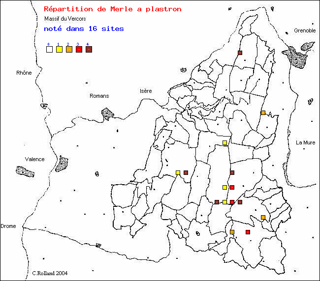 Carte de rpartition dans le Vercors (Isre et Drme) d'une espce d'oiseau: Merle  plastron (Turdus torquatus L.)