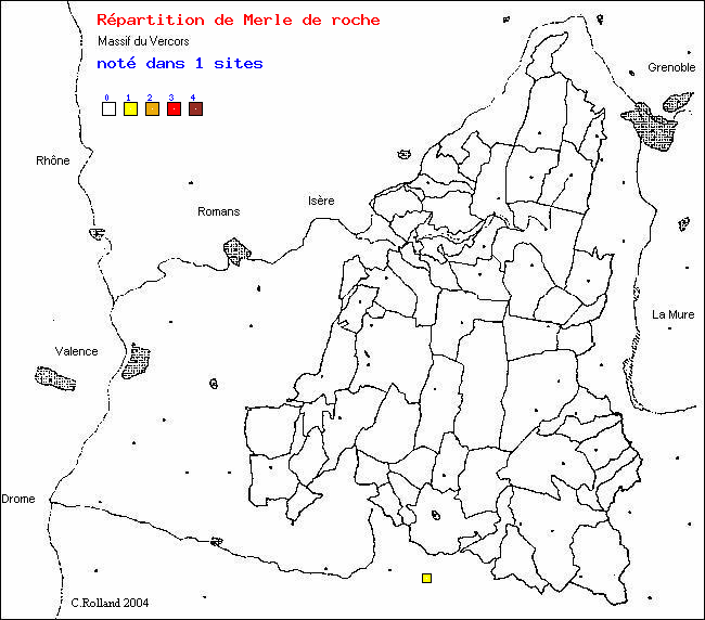 Carte de rpartition dans le Vercors (Isre et Drme) d'une espce d'oiseau: Merle de roche (Monticola saxatillis (L.))