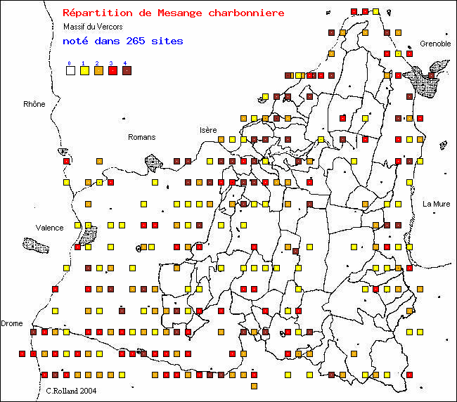 Msange charbonnire - Parus major L.. Carte de rpartition des oiseaux dans le Vercors