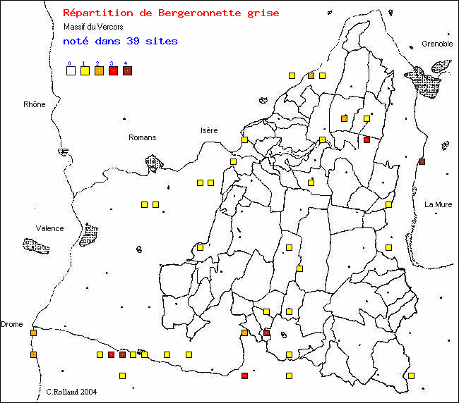 Carte de rpartition dans le Vercors (Isre et Drme) d'une espce d'oiseau: Bergeronnette grise (Motacilla alba L.)