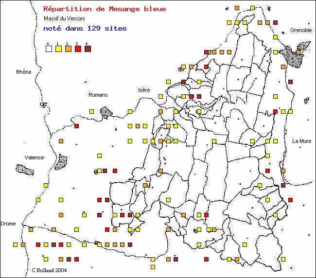 Carte de rpartition dans le Vercors (Isre et Drme) d'une espce d'oiseau: Msange bleue (Parus caeruleus L.)