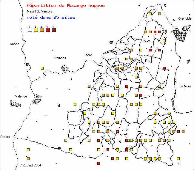 Carte de rpartition dans le Vercors (Isre et Drme) d'une espce d'oiseau: Msange huppe (Parus cristatus L.)