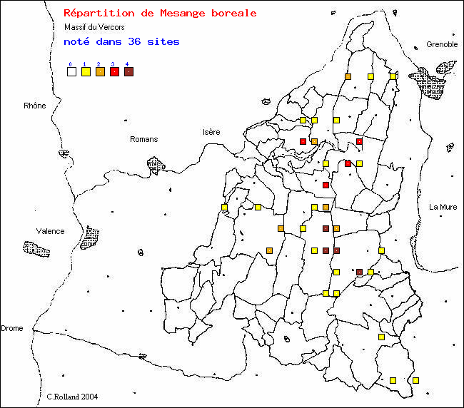 Msange borale - Parus montanus (Conrad v. Bald.). Carte de rpartition des oiseaux dans le Vercors