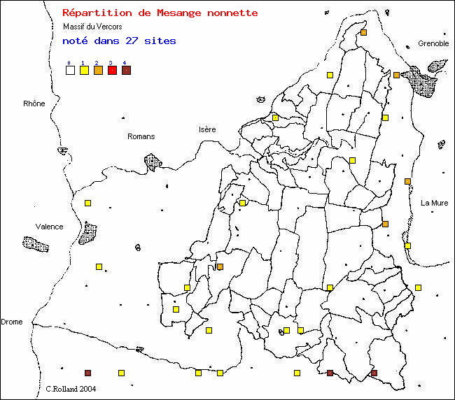 Carte de rpartition dans le Vercors (Isre et Drme) d'une espce d'oiseau: Msange nonnette (Parus palustris L.)