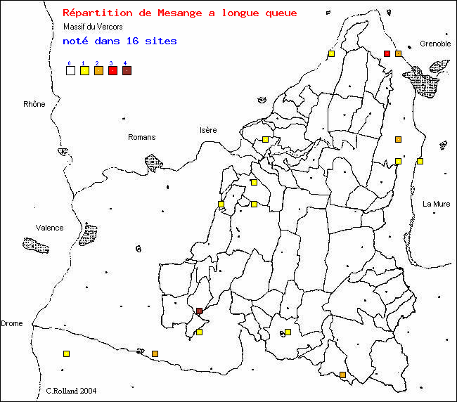 Msange  longue queue - Aegithalos caudatus (L.). Carte de rpartition des oiseaux dans le Vercors