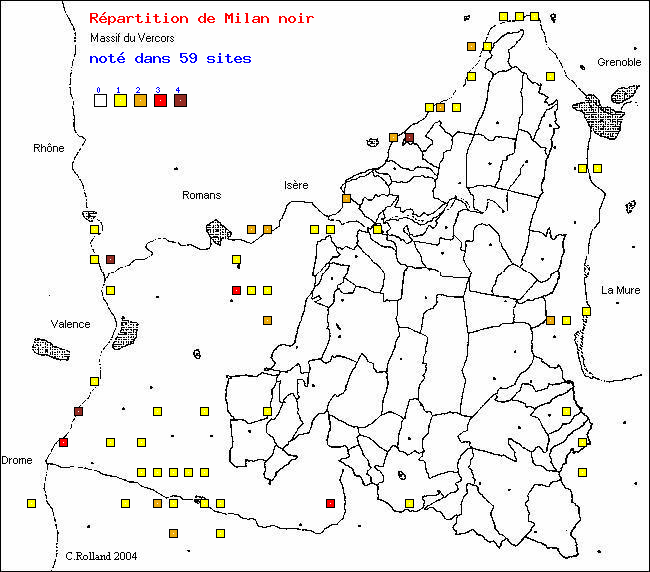 Milan noir - Milvus migrans (Boddaert). Carte de rpartition des oiseaux dans le Vercors