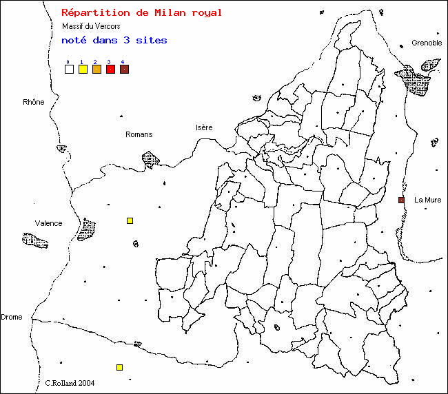 Milan royal - Milvus milvus (L.). Carte de rpartition des oiseaux dans le Vercors