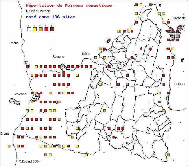 Moineau domestique - Passer domesticus (L.). Carte de rpartition des oiseaux dans le Vercors