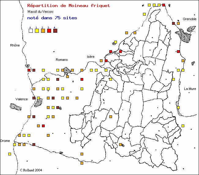 Moineau friquet - Passer montanus (L.). Carte de rpartition des oiseaux dans le Vercors